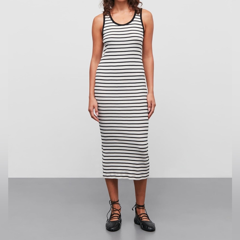 A+ Ellen Black and White Striped Midi stretchy  Dress